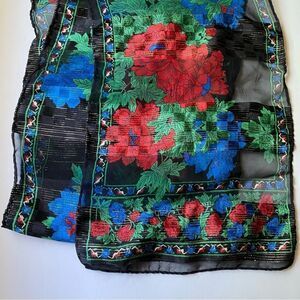 Bold bright blue red floral print pattern scarf silky wrap gold  threating 11x54